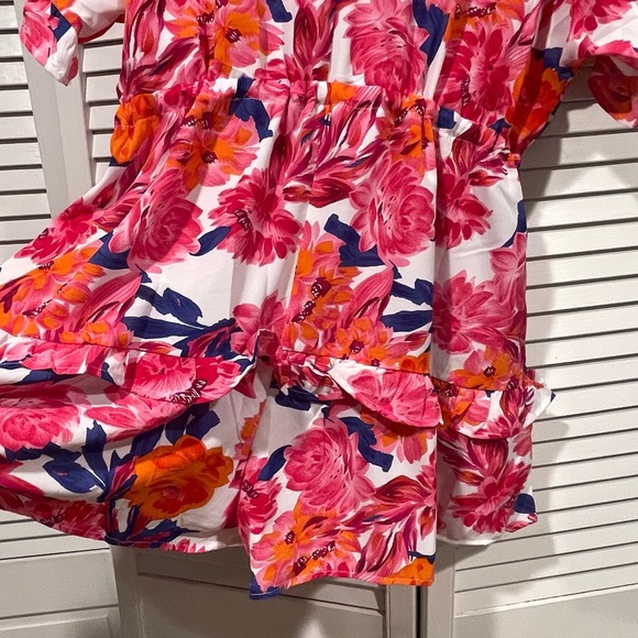 UMGEE PINK & ORANGE FLORAL ROMPER RUFFLE SHORT SLEEVE V-NECK DRAWSTRING WAIST - Picture 10 of 15